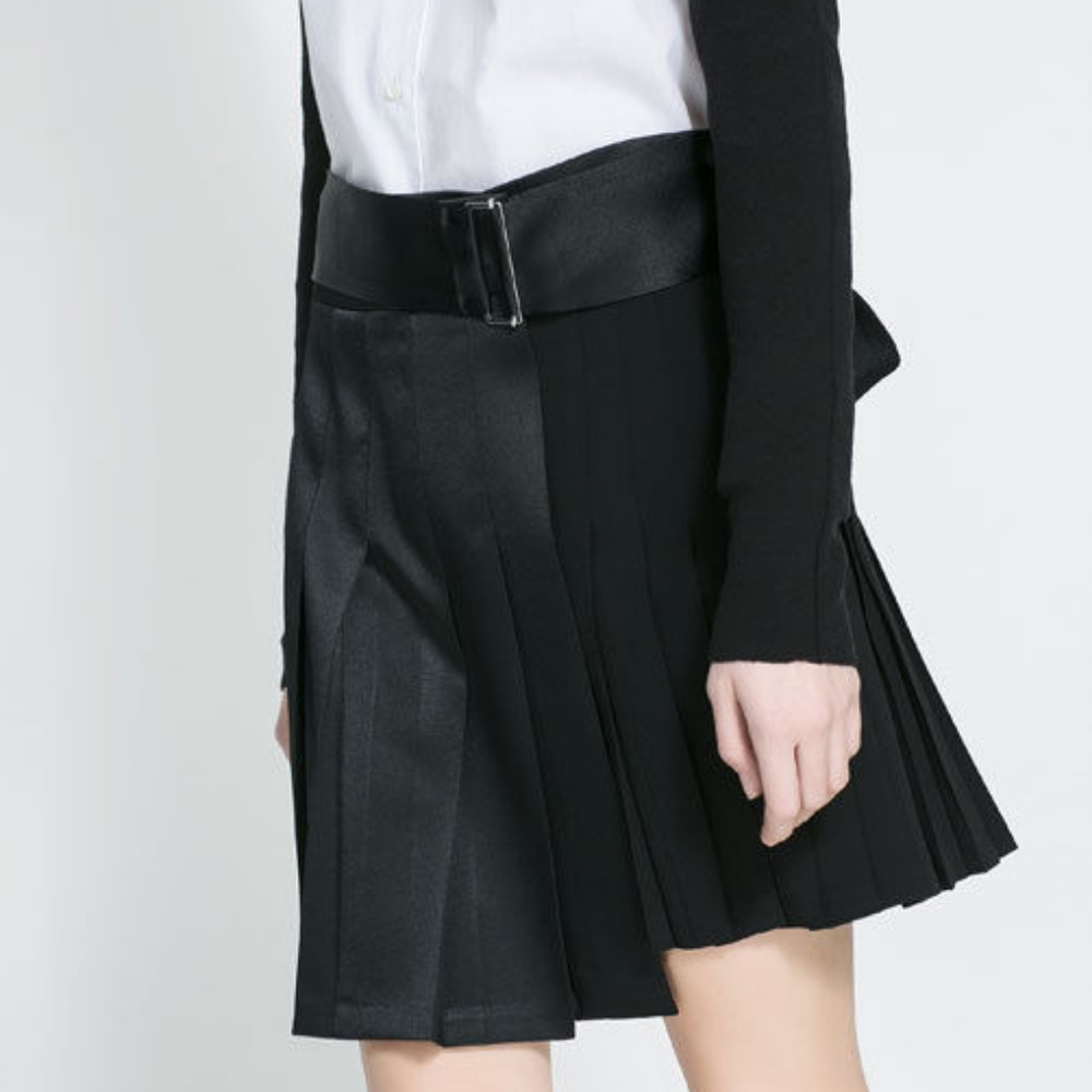 NEW ZARA Black Satin & Matte Pleated Asymmetrical Skirt XS S Belt